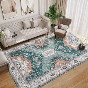 Vintage Oriental Washable Area Rug 8x10 - Soft Non-Slip Low Pile, High Density Polyester, Ideal for Living Room, Bedroom, Dining