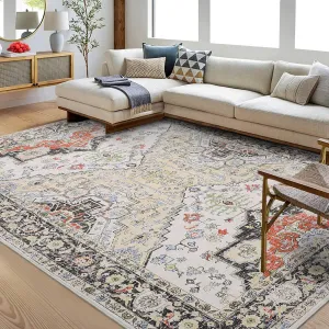 8x10 Rug Washable Rug Boho Rug Soft Large Area Rug Non Slip Vintage Rug Indoor Low Pile Accent Rug Oriental Aesthetic Rug Throw Carpet for Living Room Bedroom Dining Room Office Beige