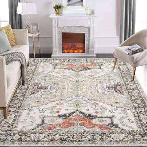 Washable Vintage Rug 6x9 Non Slip Soft Oriental Floral Low Pile Polyester for Living Room Bedroom Dining Table