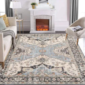 Living Room Washable Rug 5x7 - Vintage Oriental Floral Print, Non-Slip, Soft Polyester, Low Pile, Easy Maintenance, Multi-Sizes for Bedroom, Dining Room, Office