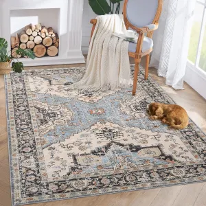 Washable Area Rug 10x13 Large Washable Floral Rug Vintage Area Rug Non-Slip Rug Non-Shedding Stain Resistant, Washable Floral Blue Carpet for Dining Room Nursery Home Office Indoor Decor