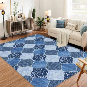 Moroccan Area Rug for Living Room, 5x7 Ultra-Thin Soft Large Rug for Bedroom, Washable Non-Slip Carpet with Rubble Backing for Dining Room Office, Blue