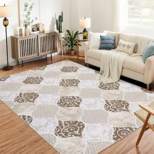 Moroccan Area Rug for Living Room, 9x12 Ultra-Thin Soft Large Rug for Bedroom, Washable Non-Slip Carpet with Rubble Backing for Dining Room Office, Brown