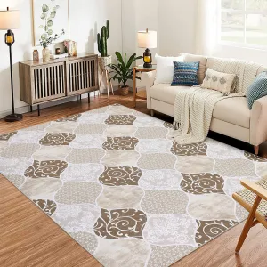 Moroccan Area Rug for Living Room, 8x10 Ultra-Thin Soft Large Rug for Bedroom, Washable Non-Slip Carpet with Rubble Backing for Dining Room Office, Brown