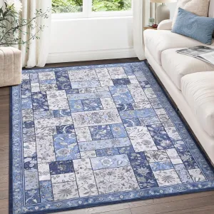 8x10 Area Rugs Machine Washable Rug Boho Rugs for Living Room Bedroom Area Rug Soft Large Vintage Bohemian Rugs Distressed Area Rug Non Slip Low Pile Floor Carpet, Blue