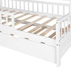 Solid Wood House Bed Frame with Drawers Shelves Roof Design White Wood Daybed Cozy Size