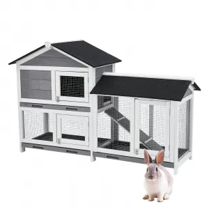 Two Floors 63" Wooden Outdoor Indoor Roof Waterproof Bunny Hutch Rabbit Cage Guinea Pig Coop PET House for Small to Medium Animals with Stairs and Cleaning Tray