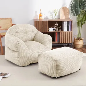 Bean Bag Chair with Ottoman, High-Density Foam, Soft Corduroy, Armrests, Foot Rest, Adults & Kids, Living Room