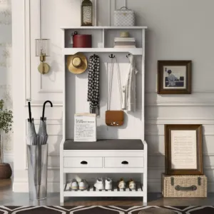 3-in-1 Coat Hanger Entryway Bench Storage Bench Multi-Functional Hall Tree For Living Room Bedroom Hallway 69INCH White