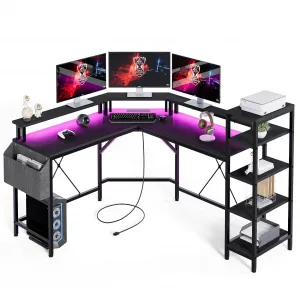 L Shaped Desk with Power Outlets & LED Lights, 62" Computer Desk with Full Monitor Stand & Storage Shelves, Corner Desk Gaming Desk, Ergonomic Home Office Desk, Black