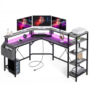 L Shaped Desk with Power Outlets & LED Lights, 62" Computer Desk with Full Monitor Stand & Storage Shelves, Corner Desk Gaming Desk, Ergonomic Home Office Desk, Oak