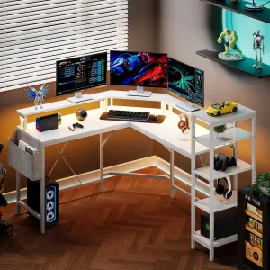 L Shaped Desk with Power Outlets & LED Lights, 62" Computer Desk with Full Monitor Stand & Storage Shelves, Corner Desk Gaming Desk, Ergonomic Home Office Desk, White