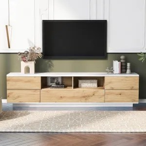 Media Console TV Stand For TVs Up To 80'' With Door Rebound Device, Entertainment Center For Living Room, Bedroom, White+Natural MDF+Metal, One Size