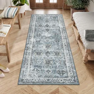 Boho Blue 2x6 Washable Rug, Oriental Vintage Non Slip Soft Faux Wool Stain Resistant Carpet for Living Room, Bedroom, Office