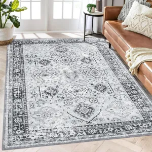 Washable Area Rug 6x9 Rug Boho Vintage Rug Room Decor Non Slip Large Area Rug for Bedroom Floral Grey Rug Soft Faux Wool Stain Resistant Carpet for Office Nursery Dining Room