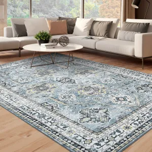 Boho Blue 6x9 Washable Rug, Oriental Vintage Non Slip Soft Faux Wool Stain Resistant Carpet for Living Room, Bedroom, Office