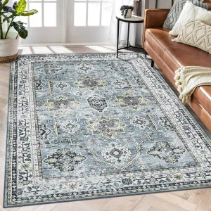 Blue 9x12 Washable Rugs for Living Room Boho Vintage Rug Non Slip Large Area Rug Soft Non Shedding Throw Rugs Stain Resistant Carpet for Bedroom Office Dining Room Nursery