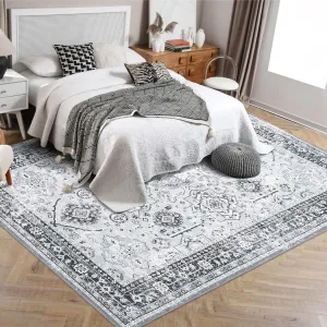 Washable Area Rugs 9x12 Living Room Boho Vintage Grey Rug Non Slip Large Area Rug Soft Non Shedding Throw Rugs Stain Resistant Carpet for Bedroom Office Dining Room Nursery Grey 9'x12'