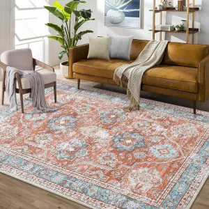 Boho Washable Rugs 5x7 Rug for Living Room Oriental Vintage Rug Non Slip Large Area Rug for Bedroom Soft Faux Wool Stain Resistant Carpet for Office Nursery Dining Room 5'x7' Terracotta