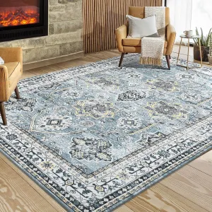 Boho Blue 5x7 Washable Rug, Oriental Vintage Non Slip Soft Faux Wool Stain Resistant Carpet for Living Room, Bedroom, Officem Soft Faux Wool Stain Resistant Carpet for Office Nursery Dining Room