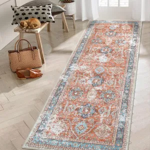 Washable Area Rug 6x9 Rug for Living Room Boho Vintage Rug Non Slip Large Area Rug for Bedroom Floral Soft Faux Wool Stain Resistant Carpet for Office Nursery Dining Room 6'x9' Terracotta