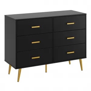 6 Drawer Dresser with Storage Space, Modern Wooden Dresser with Gold Handles, Chest Dresser with Deep Drawers for Bedroom, Living Room and Entryway, Black