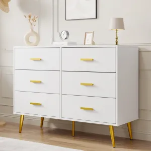 6 Drawer Dresser with Storage Space, Modern Wooden Dresser with Gold Handles, Chest Dresser with Deep Drawers for Bedroom, Living Room and Entryway, White