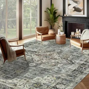 Oriental Green 9x12 Area Rug for Living Room, Green Vintage Distressed Washable Non-Slip Bedroom Rug, Ultra-Thin Soft Large Area Rug for Bedroom Dining Room