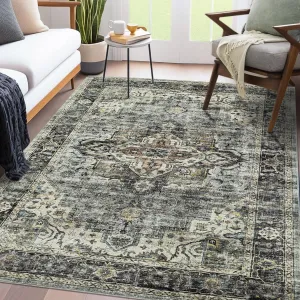 Vintage Area Rug, 5x7 Large Washable Living Room Bedroom Rug Distressed Non-Slip Non-Shedding Low Pile Area Rug Floor Carpet for Dining Room Home (Green, 5'x7')