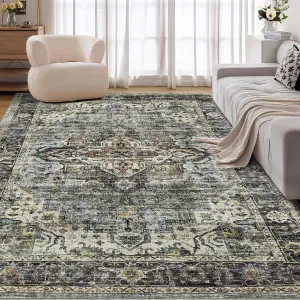 8x10 Area Rug for Living Room, Green Vintage Distressed Washable Rug with Non-Slip Backing, Ultra-Thin Soft Large Area Rug for Bedroom Dining Room (Green, 8'x10')