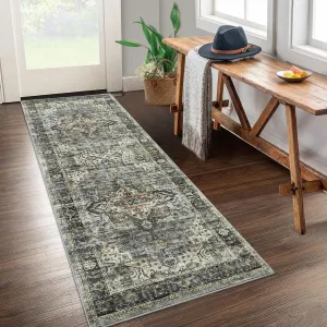 2x6 Runner Rug, Green Vintage Distressed Washable Kitchen Runners Rug for Hallway Laundry Room, Ultra-Thin Soft Non-Slip Rug Runners for Entryway Bedroom (Green, 2'x6')