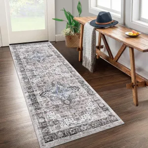 2x6 Runner Rug, Brown Vintage Distressed Washable Rug Runner for Hallway Laundry Room, Ultra-Thin Soft Non-Slip Kitchen Runner Rug for Entryway Bedroom (Brown, 2'x6')