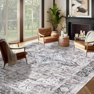 9x12 Large Area Rugs for Living Room, Brown Vintage Distressed Washable Rug with Non-Slip Backing, Ultra-Thin Soft Area Rug for Bedroom Dining Room (Brown, 9'x12')