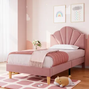 Twin Platform Bed Frame, Velvet Upholstered Platform Bed Frame with Height Adjustable Headboard, Strong Wood Slat Support, Solid and Stable, Easy to Assemble (Pink)