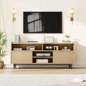 Wood TV Stand for 65 inch, Boho Entertainment Center with Storage and Fluted Sliding Doors, Fluted TV & Media Furniture TV Console Table for Living Room Bedroom, Coastal Oak