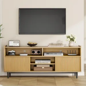 Fluted TV Stand for 70 Inch, Modren Entertainment Center with Storage, Wooden TV Cabinet with Adjustable Shelves and Sliding Doors, Under TV Stand for Living Room Bedroom, Natural Oak