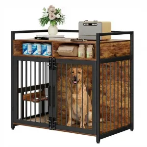 48 Inch Dog Crate Furniture, Chew-Resistant Wooden Dog Cage Indoor with Doors, Dog House Side End Table, Heavy Duty Indoor Kennel for Medium/Large Dogs