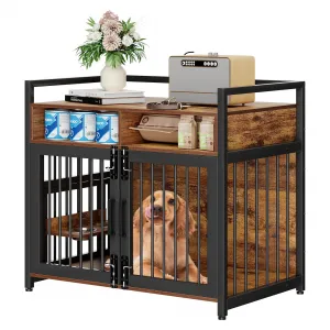 Dog Crate Furniture With 2 Drawers, Wooden Dog Kennel Indoor, Adjustable 360° Stainless Steel Feeder, Rustic Brown, Small Medium Dogs