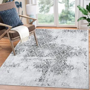 Vintage Distressed Area Rug 4x6 Bedroom Rug Machine Washable Area Rug Non Slip Indoor Throw Floor Cover Paisley Area Rug Stain Resistant Boho Accent Carpet for Living Room Home Decor, Grey
