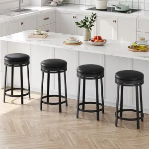 24" Swivel Bar Stools Set of 4 with Footrest, Modern Counter Height Barstools with PU Leather Upholstered and Metal Frame, Backless Round Bar Stools for Kitchen Island, Black