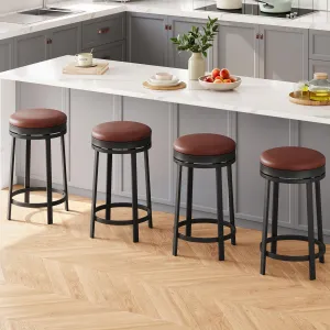 24'' Swivel Bar Stools Set of 4 with Footrest, Modern Counter Height Barstools with PU Leather Upholstered and Metal Frame, Backless Round Bar Stools for Kitchen Island, Brown