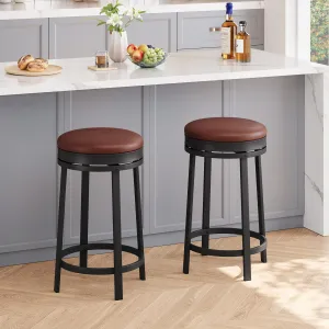 24'' Swivel Bar Stools Set of 2 with Footrest, Modern Counter Height Barstools with PU Leather Upholstered and Metal Frame, Backless Round Bar Stools for Kitchen Island, Brown