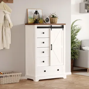 5 Drawers Dresser for Bedroom w/Sliding Barn Door, Farmhouse Modern 48 Tall Dresser 5 Chest of Drawers,Storage Organizer Dresser for Bedroom, Hallway, Living Room, Kids Room,Entryway,White