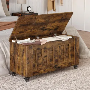 Storage Chest, Storage Trunk With 4 Wheels, 39.4'' Wooden Storage Bench With 2 Safety Hinges, Blanket Chest, Entryway Bench With Storage, Supports 350 Lbs, for Living Room,Rustic Brown