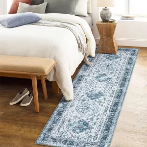 Vintage Runner Rug 2x6 Washable Rug Ultra-Thin Stain Resistant Area Rug Non Slip Hallway Rug Distressed Rug Low Pile Throw Rug for Kitchen Bedroom, Blue