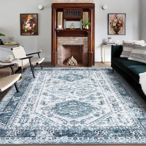 Oriental Area Rug 5x7 Washable Rug Stain Resistant Rugs Non Slip Entry Mat Large Soft Distressed Farmhouse Rugs for Bedroom Indoor Floor Accent Carpet, Blue