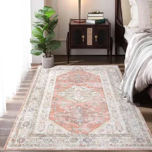 Vintage Area Rug 4x6 Washable Oriental Traditional Distressed Farmhouse Rugs Accent Throw Rugs Ultra Soft Rug Pet Friendly Indoor Throw Rug for Entryway Bedroom, Light Orange