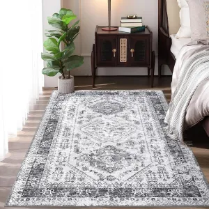 Washable Rug 9x12 Vintage Oriental Rug Non Slip Indoor Carpet Ultra-Thin Stain Resistant Area Rug Low Pile Distressed Vintage Soft Carpet for Living Room Bedroom, Grey