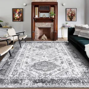 Oriental Area Rug 5x7 Washable Rug Stain Resistant Rugs Non Slip Entry Mat Large Soft Distressed Farmhouse Rugs for Bedroom Indoor Floor Accent Carpet, Grey