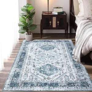 Vintage Area Rug 4x6 Washable Oriental Traditional Distressed Farmhouse Rugs Accent Throw Rugs Ultra Soft Rug Pet Friendly Indoor Throw Rug for Entryway Bedroom, Blue